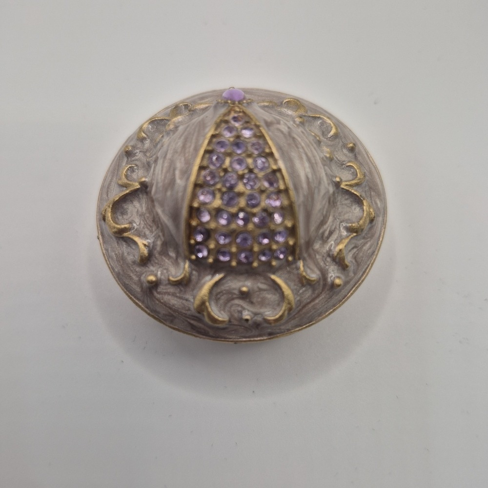 Round Enameled Pill Box Lavender Purple Rhinestone Crystal Trinket Box Gold Tone